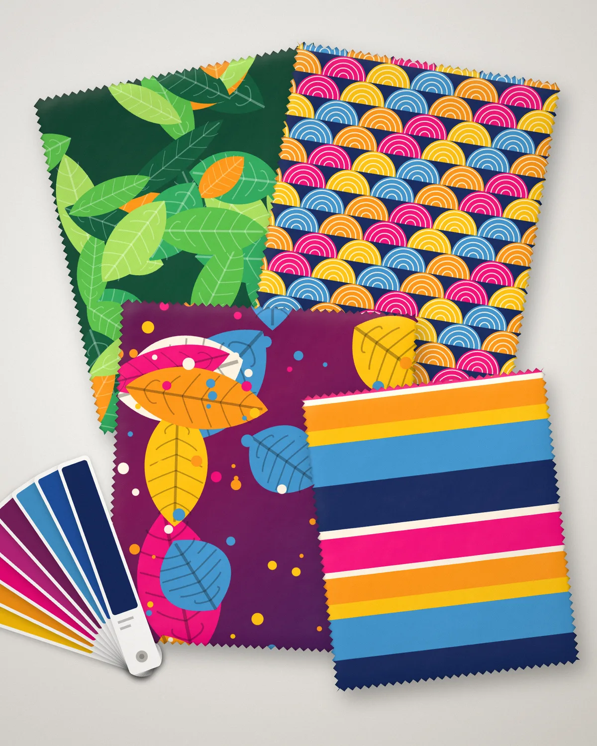 Retalhos de tecido sublimados com estampas coloridas e uma cartela de cores
